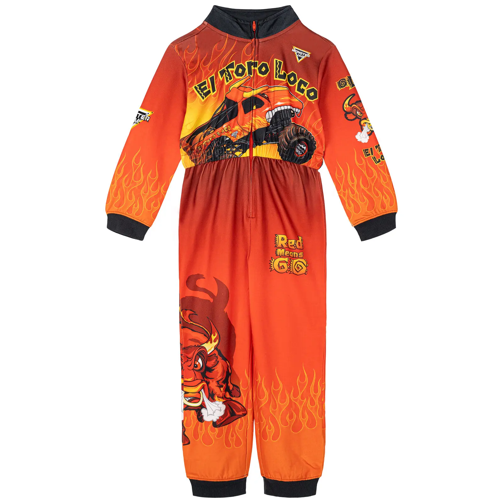 Monster Jam El Toro Loco Boys' Polyester French Terry Zip-Up Coverall - Elastic Waist, Comfortable Midweight, Sizes 3T, 4T, 5-6 Years (Toddler to Big Kid), Comfortable Midweight Feel, Polyester Clothes, Active Play, All Seasons