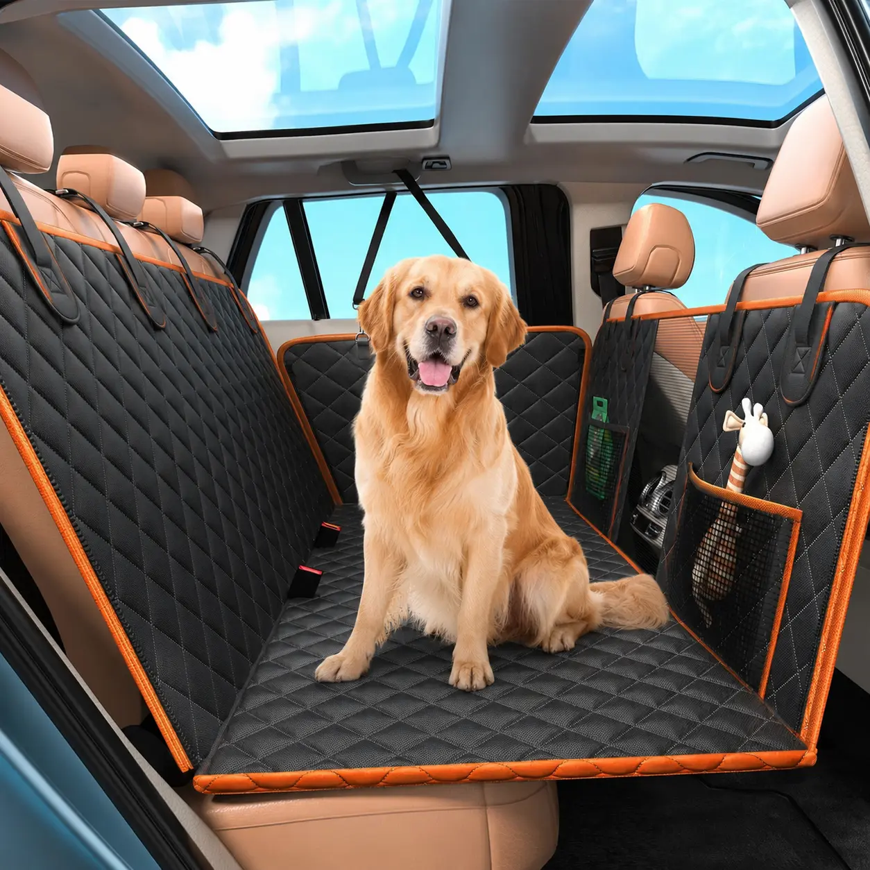 Hard Bottom Dog Car Seat Cover, Waterproof Scratchproof Back Seat Extender w/ Side Flaps & Storage Bags, Non-Slip 600D Oxford for Cars Trucks SUVs