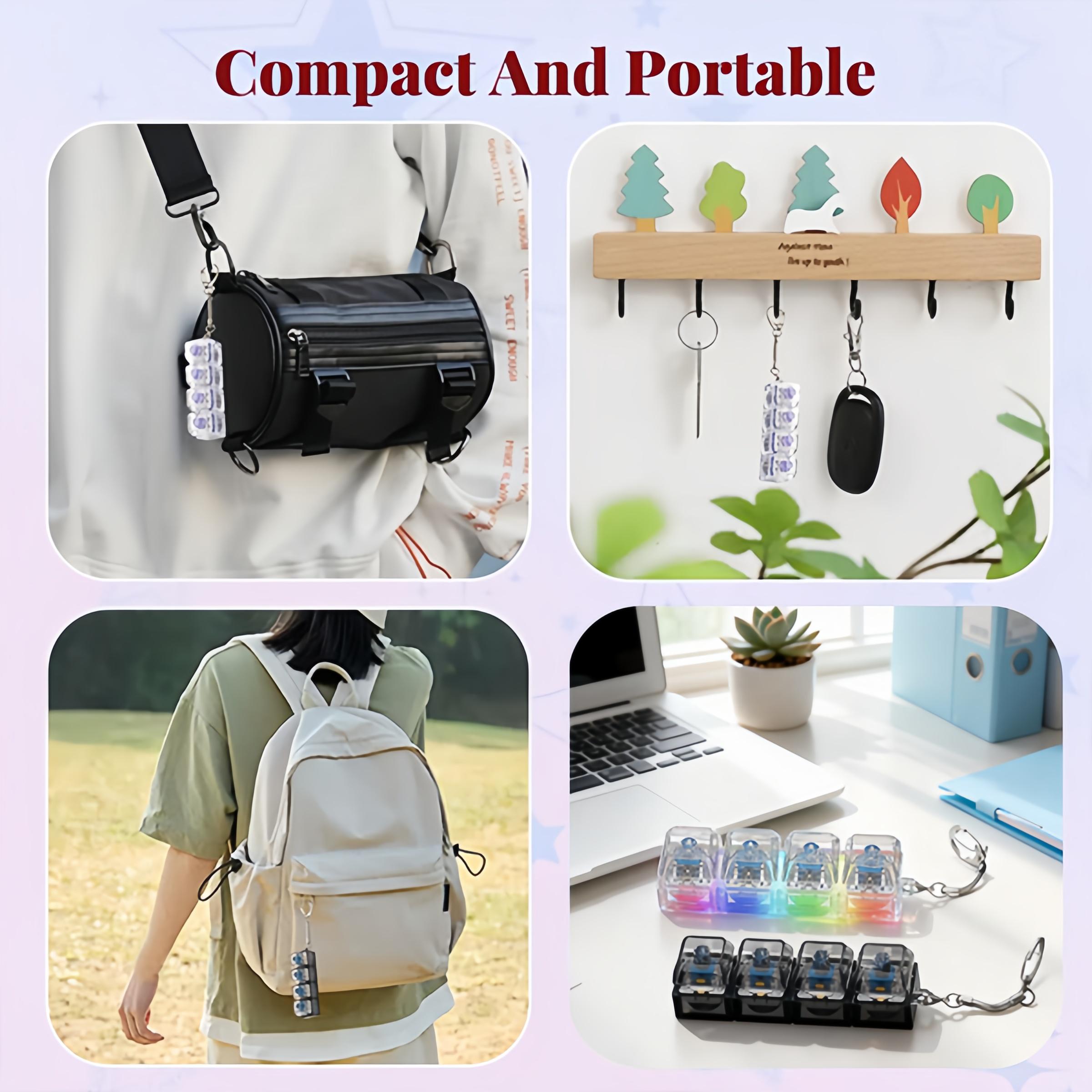 2 Pack Keyboard Fidget Keychain with Colorful LED Lights, Keyboard Fidget Toy, 4-in-1 Stress Clicker Toy, Keyboard Button for Anxiety Relief,Decompression  SqueezeToy for for Adults, Office, Library & Daily Use, Transparent Black & White