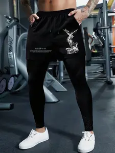 Men's Sporty Fitted Gym Pants, Quick-Dry Running Trousers, Cartoon Print Training Long Pants, All Seasons Workout Bottoms