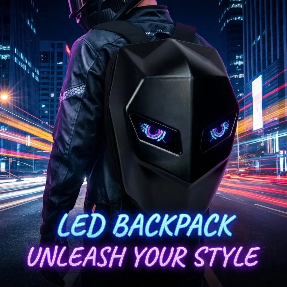 LED Motorcycle Backpack, Hard Shell Riding Bag, Waterproof Laptop Case, Large 19-Inch DIY Motorcycle Luggage Pack, LED Backpacks