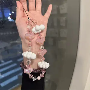 Cute Sweet Pink Clouds Love Heart Phone Chain Lanyard Charm Strap Wrist Bead Hanging Cord Bracelet Keychain For Camera Girl Rope