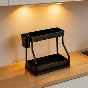 2-Tier Under Sink Organizer with Hooks & Cup, Pull Out Under Cabinet Storage Shelf Rack, Multi-Use Bathroom Kitchen Organizer and Storage, Under Sink Caddy for Bathroom Kitchen Vanity