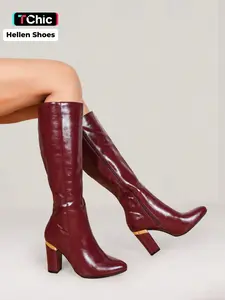 Spring Women's Fashion Chunky Heel Pointed Toe Knee Boots, Metal Decoration, Leg Slimming, Versatile for Office, Date, Party, Fall & Winter