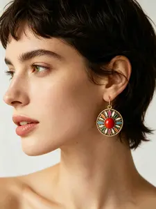 2-piece retro Bohemian style geometric shape circular women's hanging earrings with colorful gemstones embellished with zinc alloy material, perfect for daily wear and gift giving