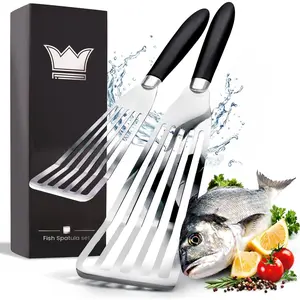 Professional Fish Spatula Stainless Steel Set - 1 Large + 1 Small stainless steel spatula - mirror polished spatulas with heat resistant  handles - fish turner for Flipping, Frying & Grilling
