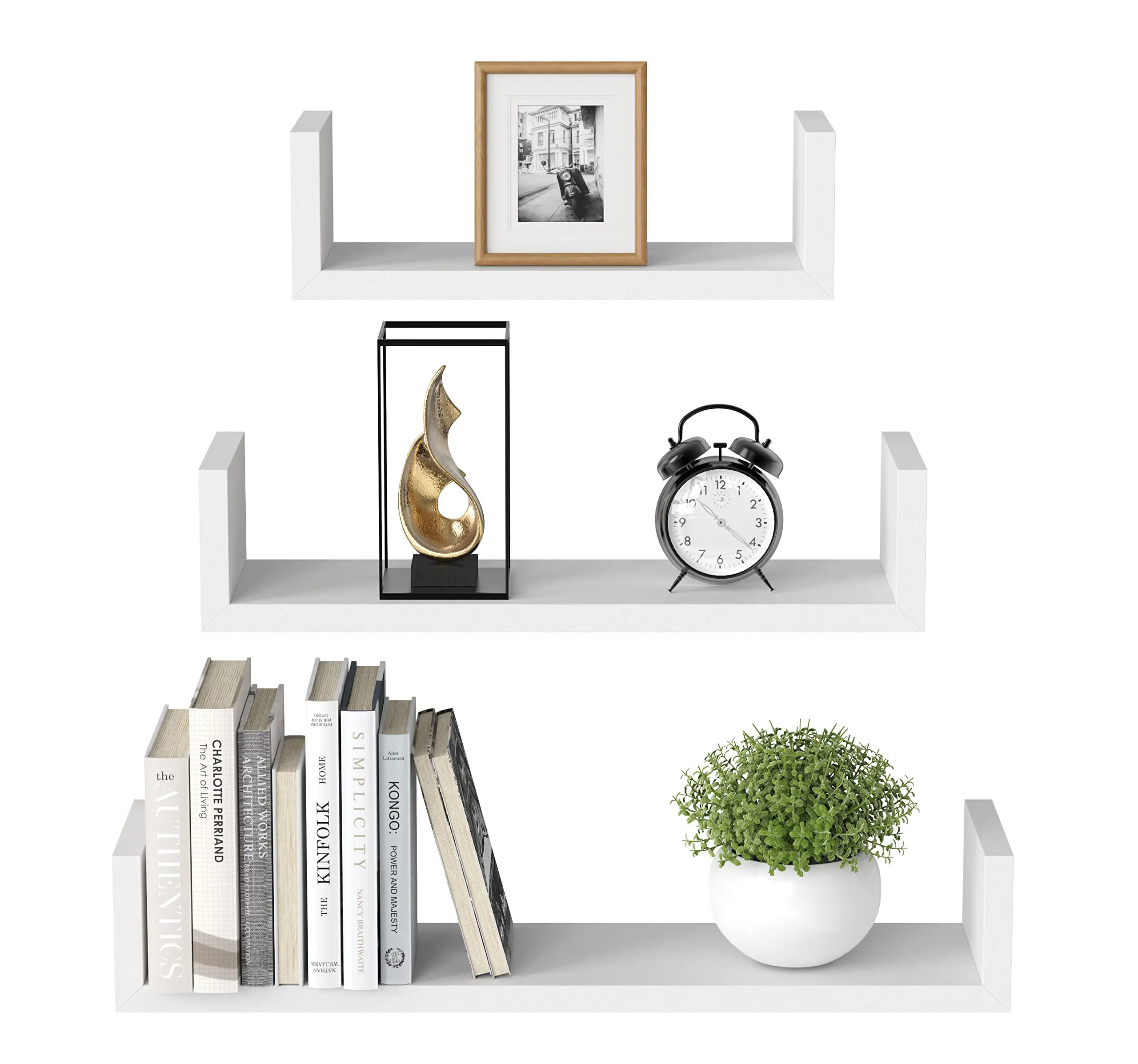 Floating Shelves Wall Mounted, Wall Shelf for Bedroom/Bathroom/Living Room/Kitchen, White Shelves 3 Sizes, U-Shaped