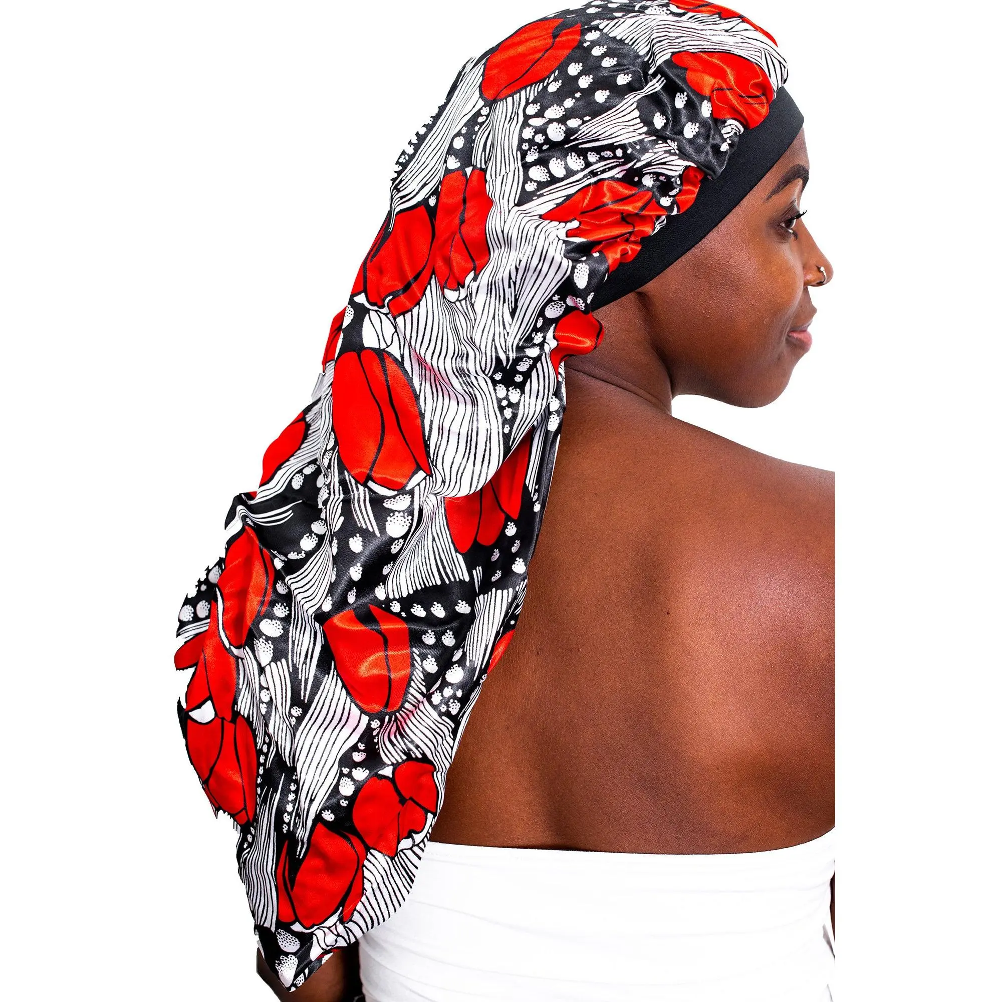 Ankara Red and Black Snatched Flames Printed  Double Layered Satin Long Bonnet for Women with Braids, Dreadlocks, Wigs, or Natural Hair