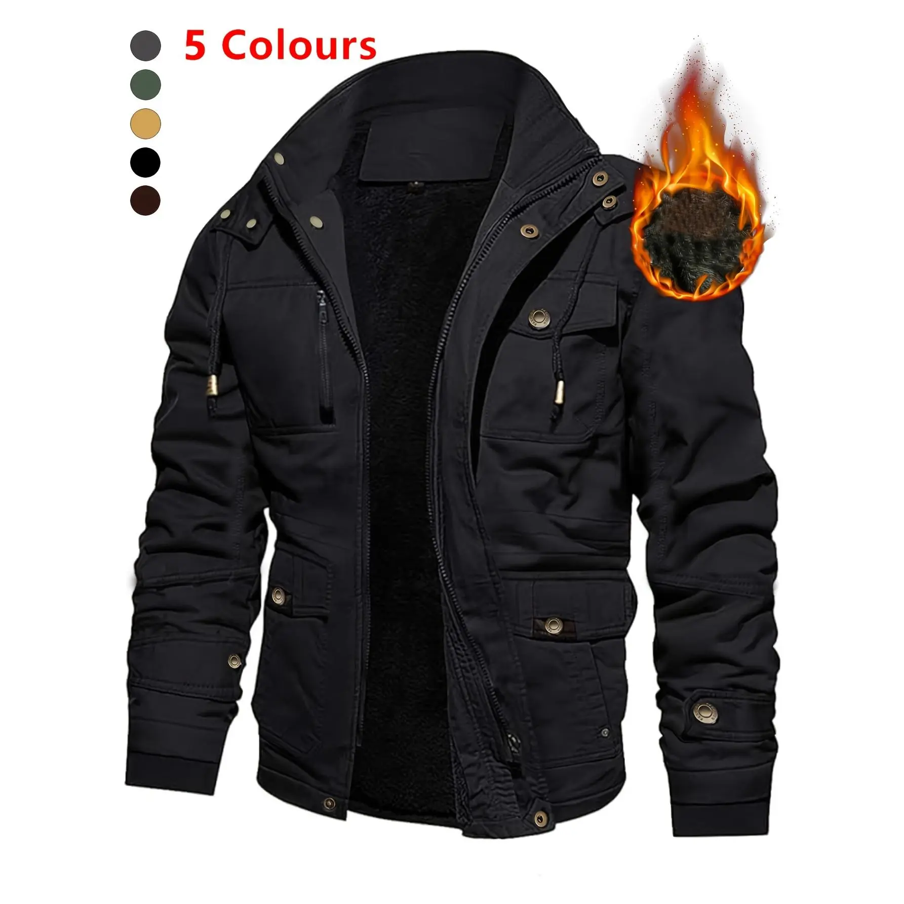 Men's Plain Coat Jacket for Casual Wear, Waterproof Mid-Length Winter Clothes with a Detachable Hood, Fleece Lining, Zipper Front and Multi Pockets