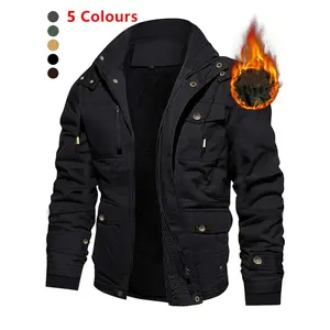 Men's Fleece-Lined Thickened Warm Mid-Length Heavyweight Jacket Casual Workwear Multi-Pocket Zipper Outdoor Detachable Hood Thickened Menswear Coats Long Medium Polyester Tops Hoodie Beige Army Waterproof Windproof Outerwear Regular Fit Outerwear