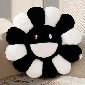Flower Shaped Smiley Face Throw Pillow Cute Sunflower Plush Decorative Pillow for Bed Couch Sofa Car Black and White 15.7In