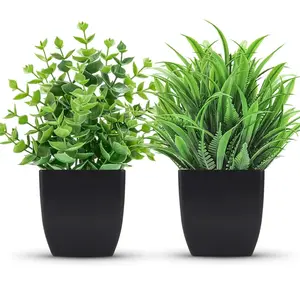 2 Packs Fake Plants Small Artificial Potted Plants Faux Plants in Black Pots for Home Office Desk Bathroom Decor Indoor