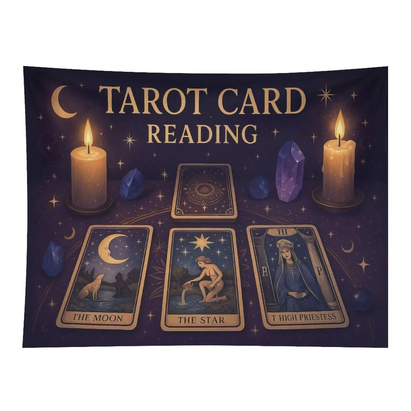 3 Tarot Cards-Themed Night Sky Wall Tapestry Wall Hanging with The Moon, The Star, The High Priestess, Candle & Crystal Designs, Mystic Witch Divination Celestial Decor for Tarot Altar Bedroom