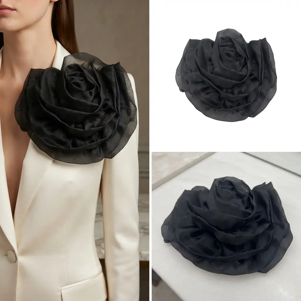 28cm/11.02in White Organza Large Rose Flower Brooch, Handmade Sewing Appliqué Patch, Collar/Shoulder Decoration, Versatile Refined Accessory for Suit Jackets, Wedding Dresses (Party Supplies)