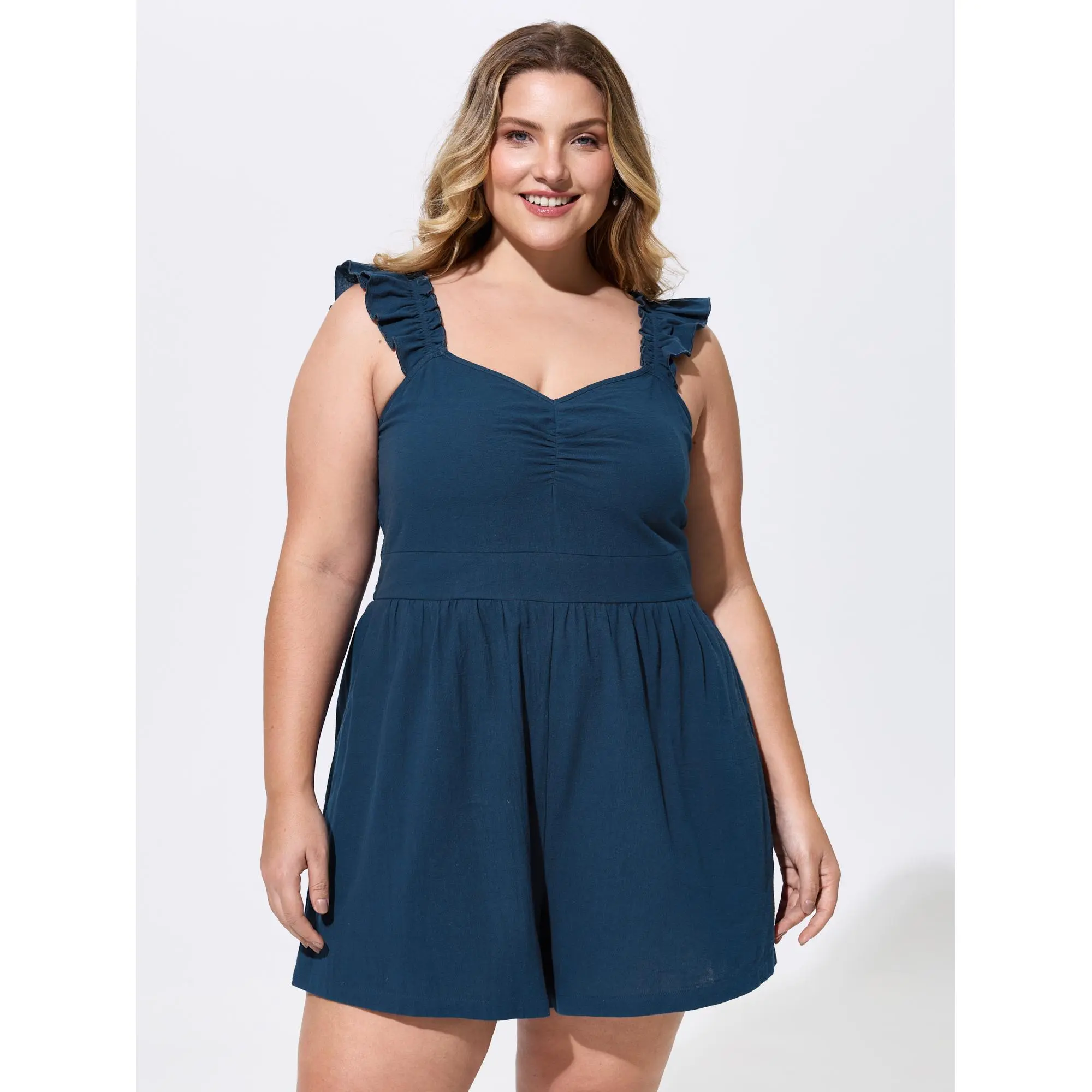 BloomChic Women's Plus Size 100% Cotton Solid Sleeveless Casual Romper Garment - Ruffled Straps, Sweetheart Neckline, Side Pockets, Breathable Fabric, Overalls, Iron-Smooth Finish, Fit, Short Length, Low Iron, Multi-Size, 10/M