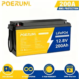 POERUNI 12V 200Ah LiFePO4 Lithium Rechargeable Battery Deep Cycle BMS for Marine Automotive Grade 15000 Cycles 10-Year Life IP65 Waterproof