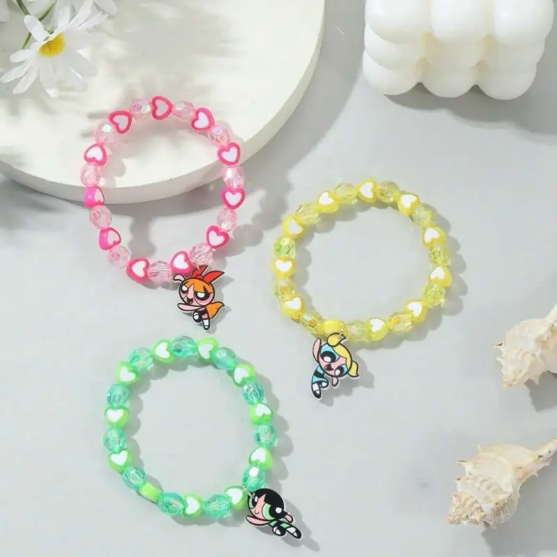 The Powerpuff Girls  ROMWE 3pcs Cartoon Characters Blossom, Bubbles, Buttercup Pattern Heart Beaded Bracelet, Valentines, Mom, Mother,Mother's Day