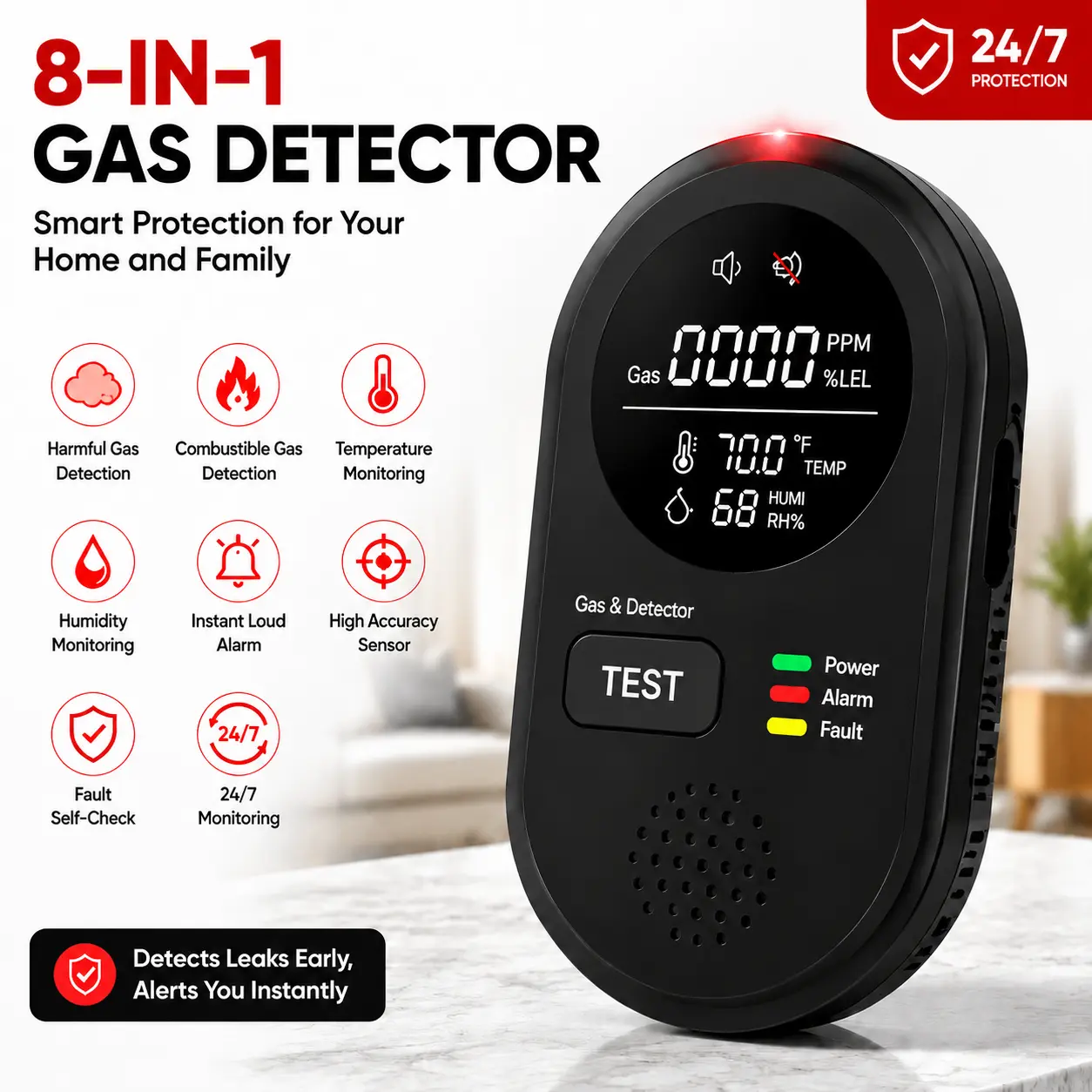 24/7 Home Safety Protection Detector - Compact Indoor Monitor with Real-Time Alerts, HD Display & Temperature/Humidity Monitoring for Kitchen, Garage and Home