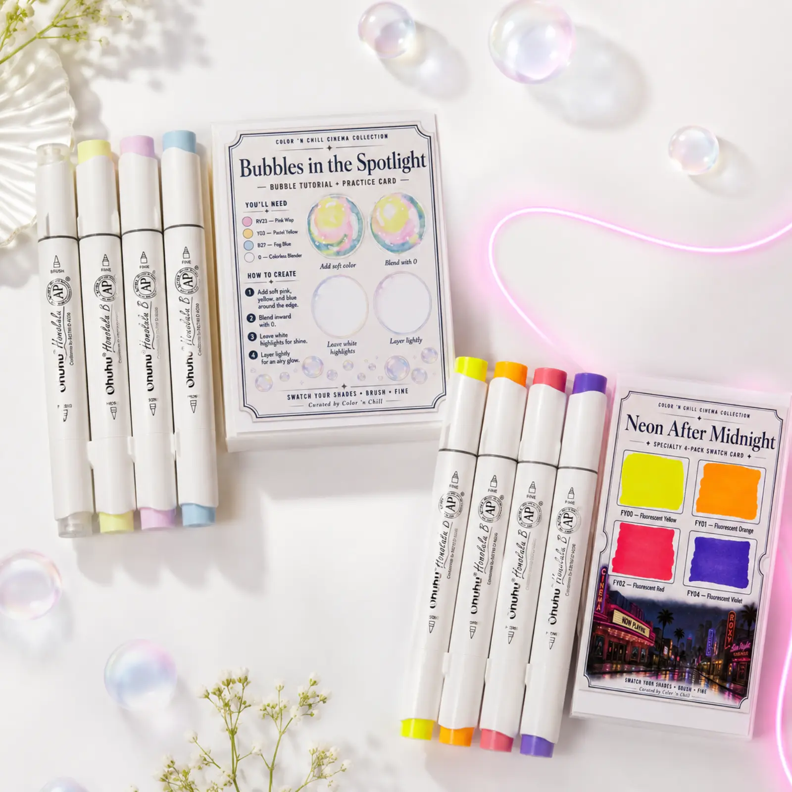 Ohuhu Color ’n Chill Cinema Collection Specialty 4-Marker Kits - Alcohol Markers, Neon Signs, Iridescent Finish, Colorless Blender, Shine Effect Art Supplies