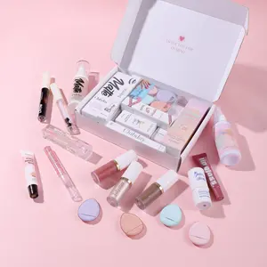 Face Makeup Bundle, Daily Makeup Kit, 14pcs/set Liquid Foundation & Shimmer Lip Gloss & Finger Puff & Eyeshadow Stick & Lip Scrub & Mascara for Beginners