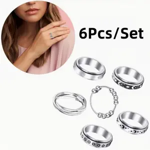 6pcs/ Set Stainless Steel Spinner Fidget Rings, Anti-Anxiety Fidget Rings, Spinning Moon Star Cool Stress Relieveing Rings for Women Men, Design for Casual Attire&Gifting