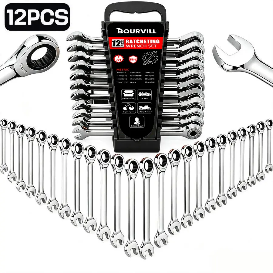 12PCS 72 Teeth Ratcheting Wrench Set Double Box End Flex Head with Gray Nickel Coated Ratchet Wrench Set with Organizer, 12 Point 4° Swing Arc, CR-V Steel, for Home Daily Use, Gift for Man#summerfinds