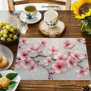 2D flat printing, 2-piece/4-piece 6-piece set, vintage pink cherry blossom table mat, 12x18 inch heat-resistant table mat, decorative washable table mat, perfect for family wedding banquet dining, Floral Pattern Placemat