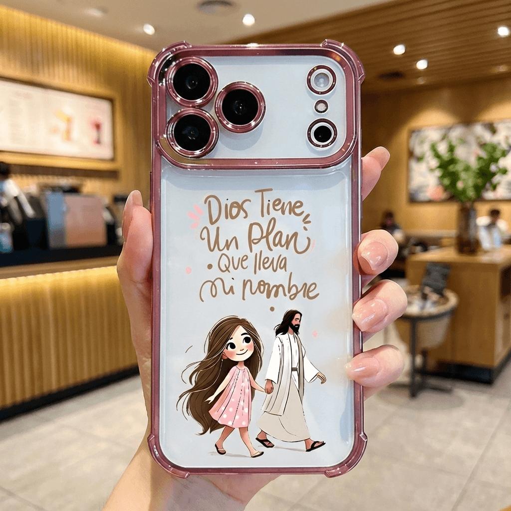 Dios Tiene Un Plan Que Lleva Mi Nombre Jesus & Girl Phone Case for iPhone 11 12 13 14 15 16 17 Pro Max Plus Air, Christian Faith Rose Gold Clear Shockproof Cover, Religious Gift for Women Girls DDSJ260404011