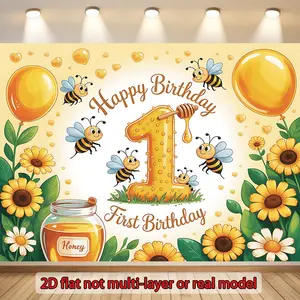 2D flat, 1st birthday bee-themed party banner - featuring a honeycomb number 1, bee and balloon design, with the text "Happy 1st Birthday" - / wall decoration, photo background, honey silhouette - easy-to-hang polyester