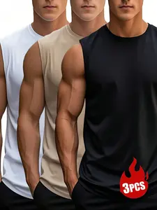 Men's Casual Sleeveless Vest Tank Top Set, Graphic Pattern, Summer Vacation Daily Wear, Comfortable Inner Layer & Single Wear, Workout Tank Tops, 3-Piece Pack