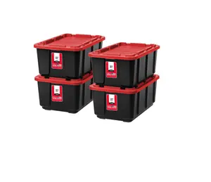 IRIS USA 4-Pack 27 Gallon Storage Bins with Lids |Made in USA| Heavy Duty Plastic Tote Containers for Truckbed Tool Box Organization, Large - Red