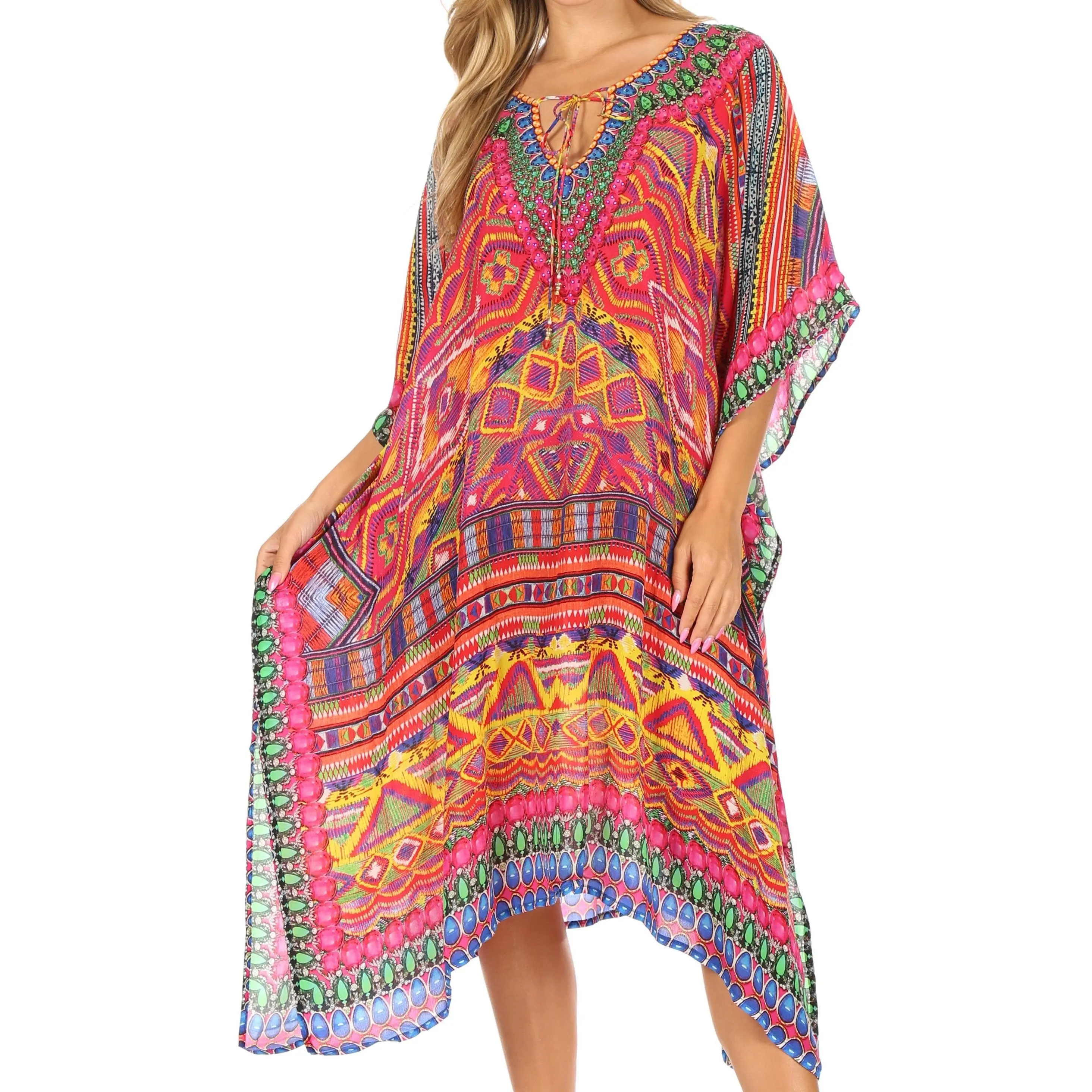 Sakkas Jenni Women's Mid Length Boho Caftan Kaftan Dress Cover up Flowy Rhinestone