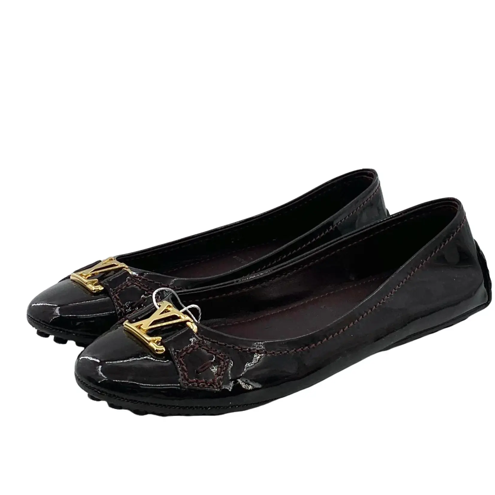 RDLT-Louis Vuitton Size 36 Black Patent Leather Flat Ballet Flats With Logo Embellishment-H37800