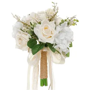 White Champagne Artificial Rose Wedding Bouquets for Bride, Home Decor Flower Arrangements, Foam Wall Decorative Plants