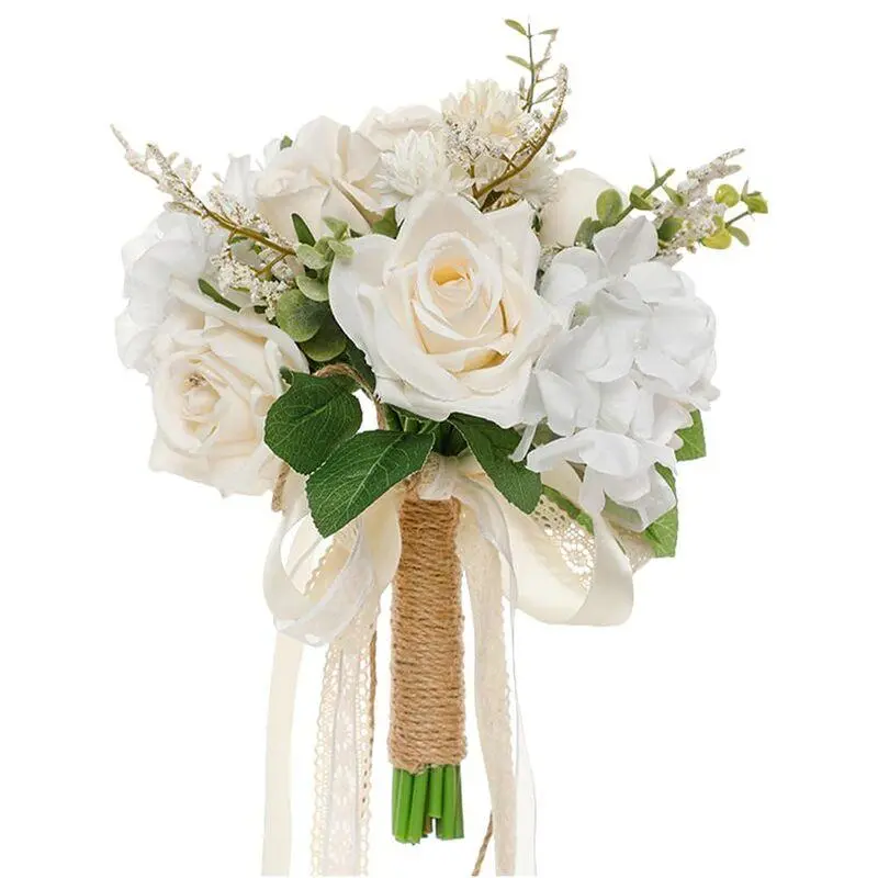 Dainty Elegant Reusable Decorative White Champagne Fade-Resistant Artificial Silk Rose Bouquets - Artificial Fake Plants for Wedding Brides, Home Decor Flower Arrangements