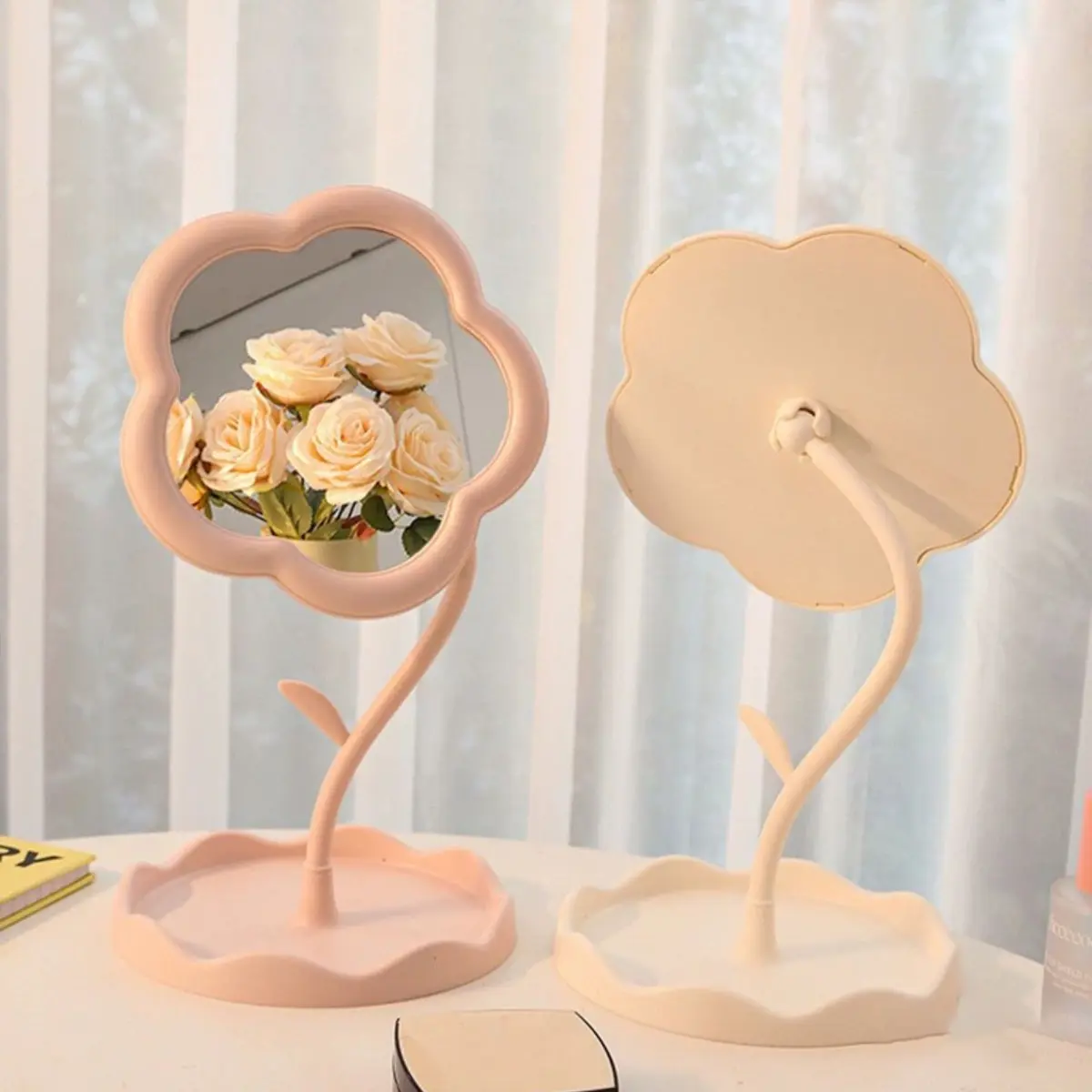360° Rotation Floral Vanity Mirror with Storage Base, Portable Foldable Cosmetic Mirror for Travel & Home Use
