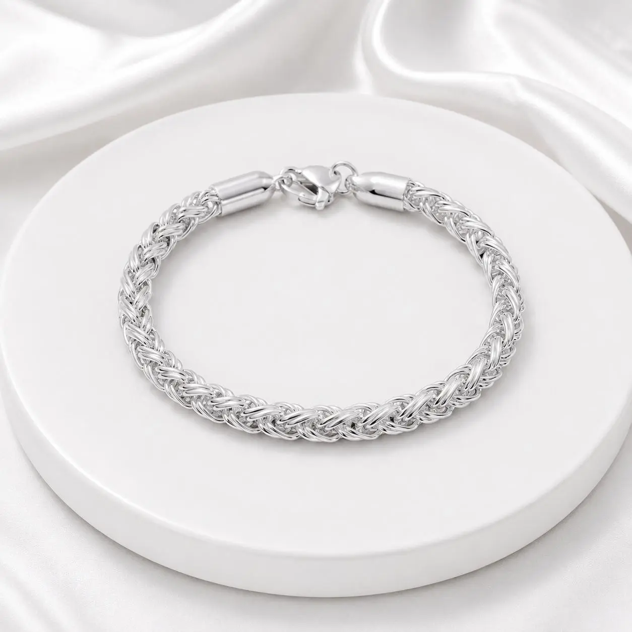 925 Sterling Silver Plated Braided Rope Jewelry Set, Necklace & Bracelet for Women, Fashion Costume Accessories