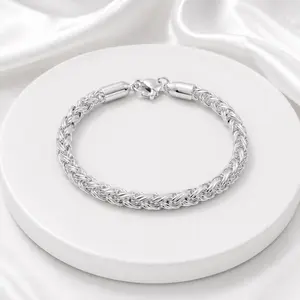 925 Sterling Silver Plated Braided Rope Jewelry Set, Necklace & Bracelet for Women, Fashion Costume Accessories
