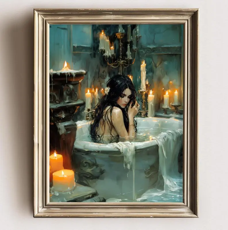 Gothic Witch in Candlelit Bath Art Print, Dark Romantic Wall Art, Enchanted Bathroom Poster, Moody Fantasy Witch Occult Witchcore Decor,  Unframed