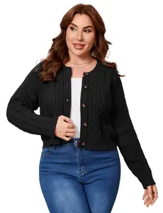 Women's Plus Size Cable Knit Cardigan, Round Neck Cropped Button-Down for Fall & Winter Layering