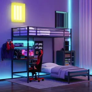 Twin Over Twin L-Shaped Metal Bunk Bed with Desk Station, Loft Bed with Storage Shelves Drawers Guardrail Ladder, Sturdy Space-Saving Bunk Bed Black for Bedroom
