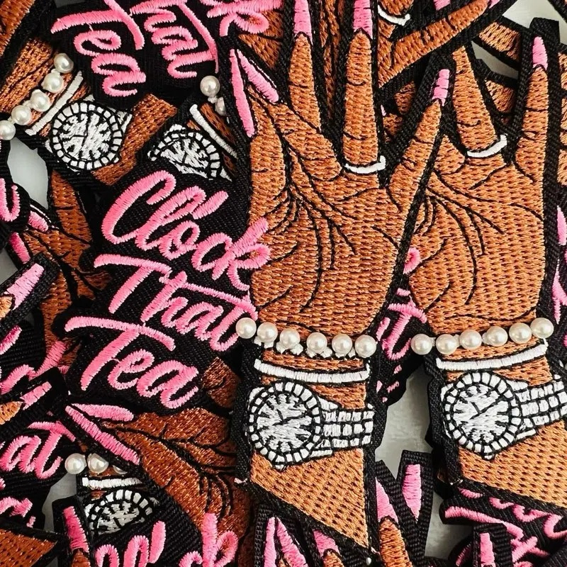 “Clock That Tea” Patch – Sassy Embroidered Hand with Pearls & Watch “Clock That Tea” Patch – Sassy Embroidered Hand with Pearls & Watch
