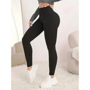 Sporty Women's Plain Round Neck Crop Top & Ruched High Waist Leggings Tracksuit Set, Sport Comfy Breathable Two-piece Outfits for Yoga Gym Running, Ladies Sportswear for All Seasons, Activewear, Athletic Wear