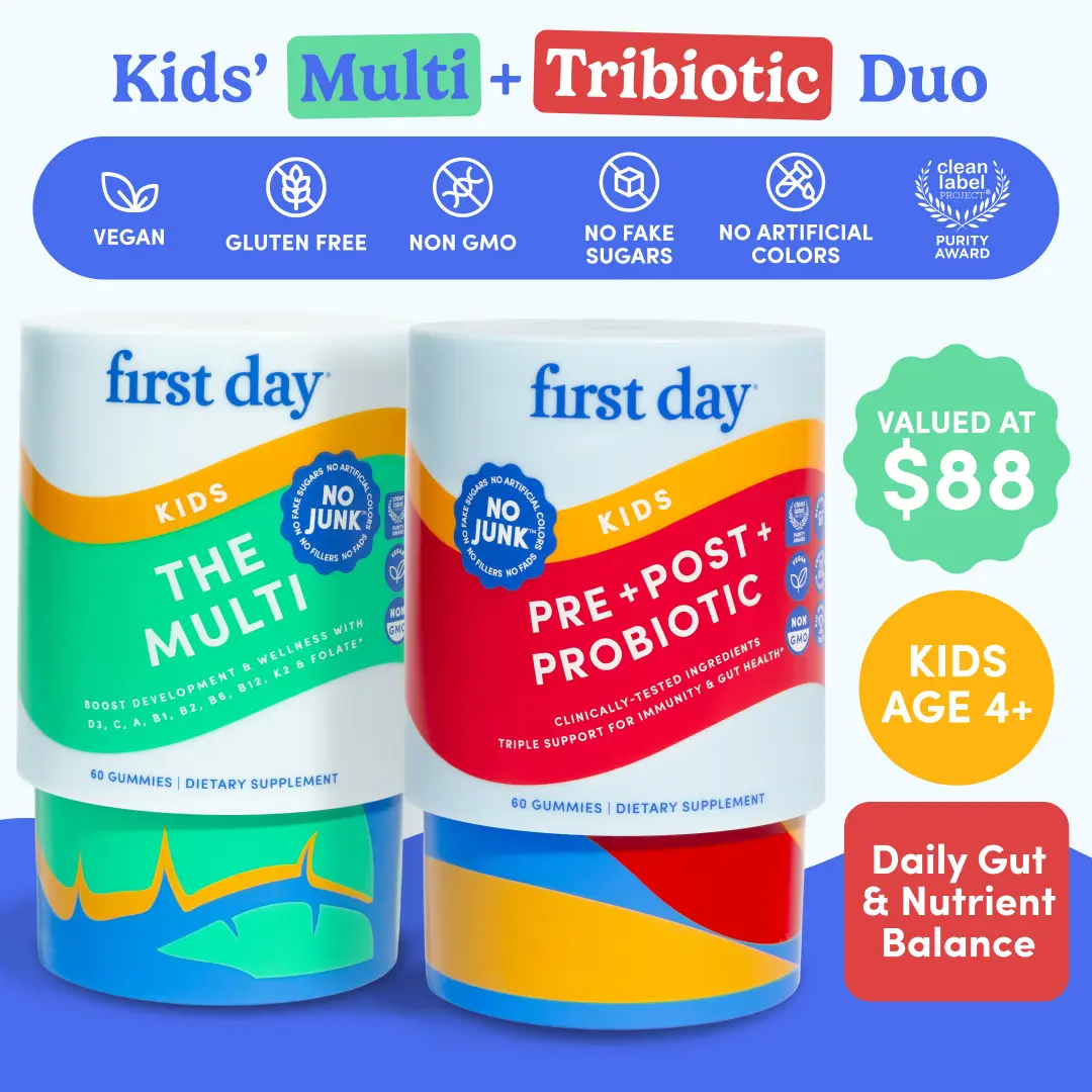 KID'S DUO & SAVE (2-PK) - FIRST DAY Kids Multivitamin + 3-in-1 Tribiotic Gummies Daily Healthy Duo – Prebiotic + Probiotic + Postbiotic for Immune, Brain, & Gut Support – Strawberry & Orange Flavor – Vegan, Non-GMO, Clean Ingredients - 30-Day Supply, Diet