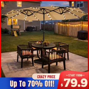 【Solar Led Lights】Yaheetech 13/15ft Large Patio Umbrella, Outdoor Double-Sided Rectangle Umbrella with 36 LED Lights & Crank for Patio Garden Pool Lawn Backyard, Base Included