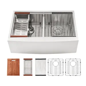 Sarlai 33 x 22 Inch Farmhouse Workstation Undermount Kitchen Sink 50/50 Double Bowl Undermount Kitchen Sink 16 Gauge Stainless Steel Sink