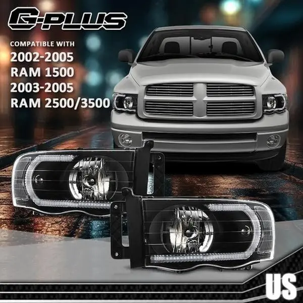 G-PLUS LED Tube DRL Truck Headlight Assemblies - Clear/Chrome Bulb Replacements with DRL LED Presence, Daytime Run, Bolt-On Fit Pair Set for 2002-2005 Dodge Ram 1500 2500 3500 Car Exterior Upgrade