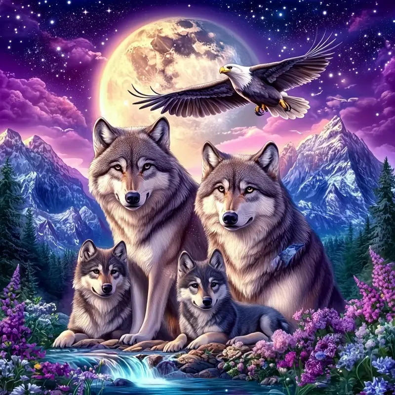 5D Diamond Painting Kit - 4D Wolf Family Scene, Moonlit Mountains, Crystal Diamond Mosaic Art, Suitable for Home, Office or Holiday Gift, Home Decoration | Moonlit Mountains Scene | Diamond Mosaic Art, Wolf Decor, DIY Kit