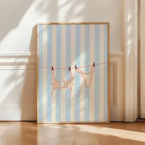 Bikini Art Print ,Light Blue Orange Beach Illustration Bikini Hanging Poster| Frameless Poster V
