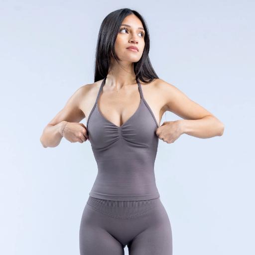 Impact longline strappy top with logo; women’s backless tank top made from high‑stretch, durable fabric with a built‑in bra; soft twill knit underbust waist‑contouring top.